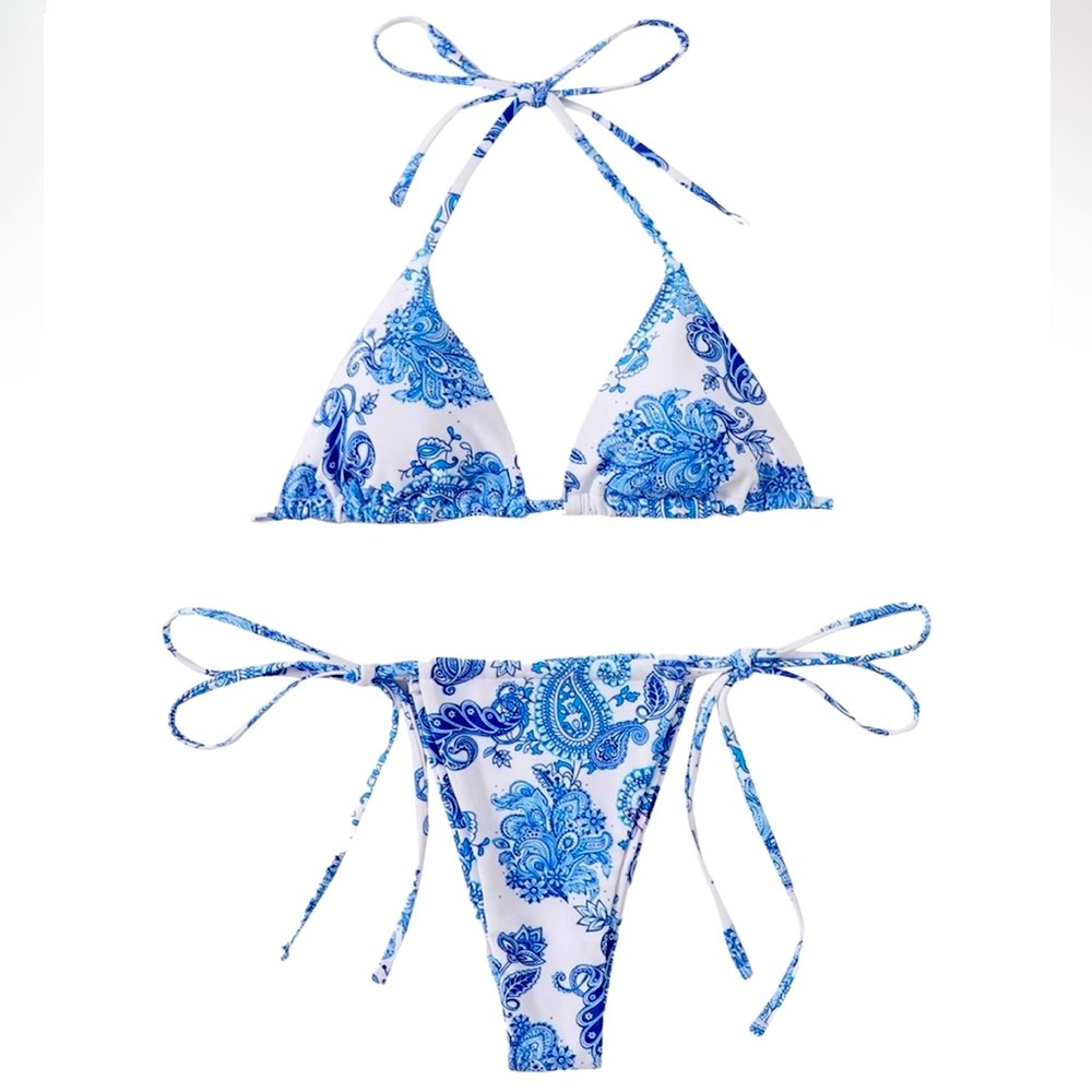 NEW Greek Isles Blue and White Padded String Bikini Set Large L Adjustable Ties